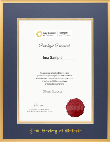 Gold metal frame with double mat board & gold embossing for VERTICAL 8.5" x 14" Paralegal License